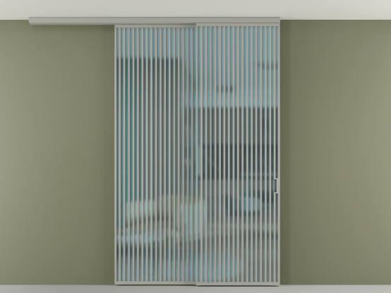 Алюминевая перегородка АЛПР 040.06_АНСР_САТ ГОЛ_new. Цвет Алюминий нейтральный серый. Материал Алюминий в эмали. Коллекция Перегородка Formato вдоль стены на потолок 2 створки с синхронным механизмом. Картинка.