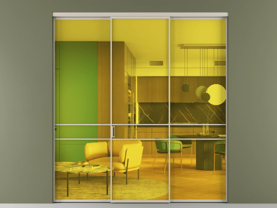 Алюминевая перегородка АЛПР 040.02_АСБЖ_ПРОЗ ЖЕЛ_new. Цвет Алюминий светло-бежевый. Материал Алюминий в эмали. Коллекция Перегородка Formato внутри проёма 3 створки. Картинка.