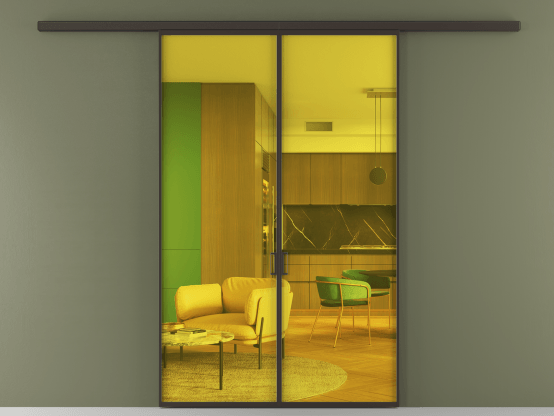 Алюминевая перегородка АЛПР 040.01_ААН_ПРОЗ ЖЕЛ_new. Цвет Алюминий антрацит. Материал Алюминий в эмали. Коллекция Перегородка Formato вдоль стены 2 створки. Картинка.