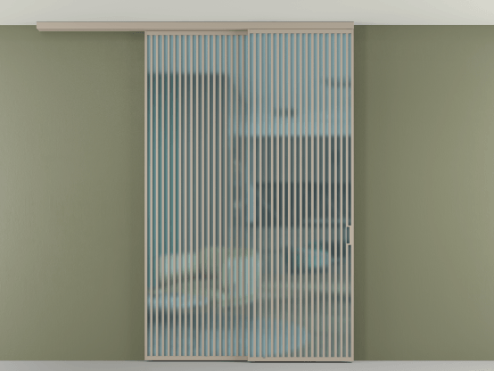 Алюминевая перегородка АЛПР 040.06_АБСК_САТ ГОЛ_new. Цвет Алюминий бисквитный. Материал Алюминий в эмали. Коллекция Перегородка Formato вдоль стены на потолок 2 створки с синхронным механизмом. Картинка.